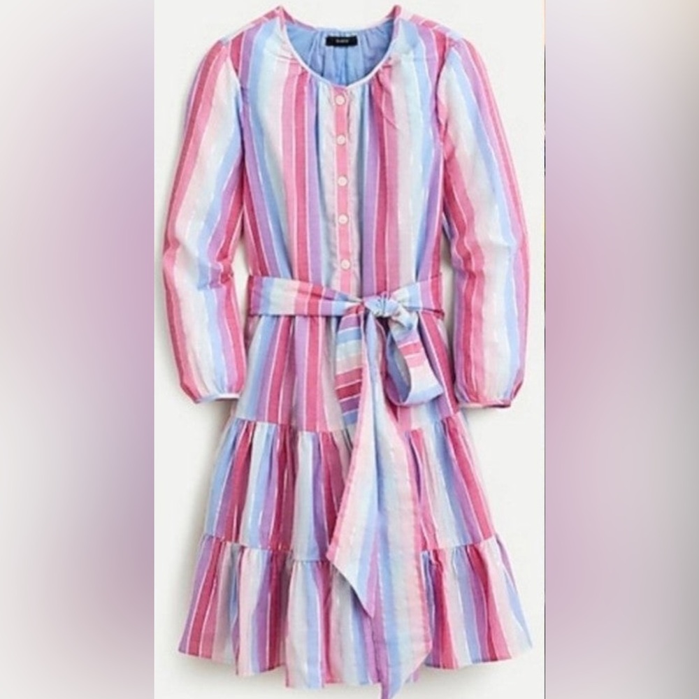 J. Crew metallic pastel striped dress with 3/4 sleeves and tie belt. small. NWT